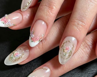 Uña postiza personalizada, degradado rosa-morado con flor 3D y cuentas doradas, base con suave degradado, uñas románticas para novias de primavera