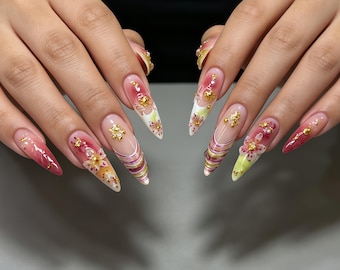 Pink Watercolor Floral Press on Nails, Gold Foil Marble Stiletto Fake Nails, Gradient Nude Glossy Reusable Glue On Nails Wedding Party