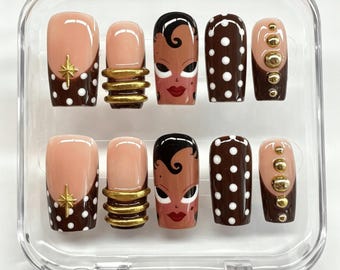 Uñas con manicura francesa personalizada, uñas con lunares, uñas para bodas, regalo para chicas, regalo de cumpleaños, uñas cuadradas largas, regalo, regalo para amigas