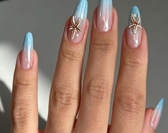 Ocean Blue Pink Gradient Press on Nails, 3D Metal Starfish Almond Fake Nails, Glossy Nude Reusable Glue On Nails Summer Beach Manicure