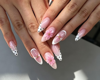Black Polka Dot Press on Nails, 3D Pink Bow Flower Nude Almond Fake Nails, White French Glossy Reusable Glue On Nails Cute Daily Wear