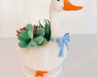 3D Printed Goose Planter, Textured Feather Decor, Cottagecore Bow Accent (White)