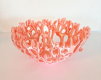 Sculptural Coral Bowl: Coastal Decor, Beach House Centerpiece, 3D Printed Silk White