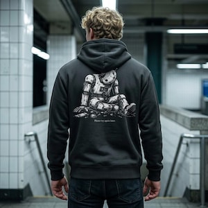 May include: A charcoal gray hooded sweatshirt featuring a graphic on the back of a seated, weathered robot with exposed wires. Below the robot, the text "Please try again later." is printed in a small, white, sans-serif font on the fabric.