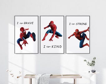 Plakaty z afirmacjami superbohaterów: zestaw 3 plakatów do pokoju chłopca z motywem Spidey'ego (do pobrania w wersji cyfrowej)
