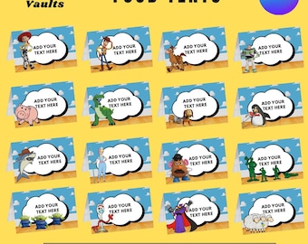May include: A digital download sheet of sixteen printable food tent cards on a yellow background. Each card features a blue sky and cloud pattern with a white speech bubble containing the text ADD YOUR TEXT HERE and various Toy Story characters.