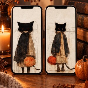 Könnte beinhalten: Zwei Smartphones mit digitalen Illustrationen von anthropomorphen schwarzen Katzen, die Umhänge tragen und orangefarbene Kürbisse halten. Der Kunststil zeigt feine, skizzenhafte Linien auf einem cremefarbenen Hintergrund.