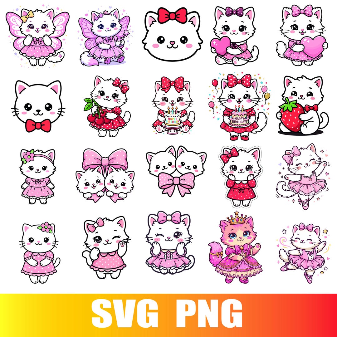 Kawaii Cat SVG PNG Bundle, Cute Kitty Clipart, 20 Cat Designs, Animal ...