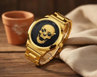 Totenkopf Design Armbanduhr poliert Gold Fall kantig Statement Stück einzigartiges Accessoire für Männer