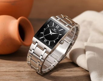 Herren Rechteck Edelstahl Uhr mit schwarzem Zifferblatt Minimalist Design Elegantes Accessoire für formelle und Freizeitkleidung