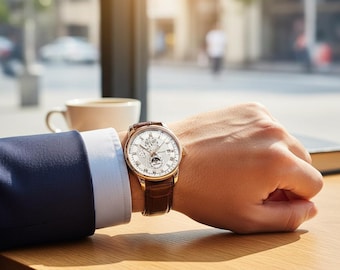 Reloj de lujo para hombre, acero inoxidable, oro rosa, diseño clásico, correa de cuero marrón, formal, informal, regalo para él.