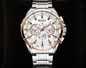 Men s Chronograph Watch Stainless Steel Case Gold Accents Modern Style Formal Casual Wear Gift for Him