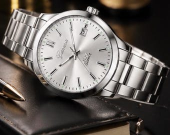 Reloj minimalista de acero inoxidable, elegante reloj de pulsera de cuarzo, reloj clásico plateado, regalo para él o ella, reloj moderno y sencillo.