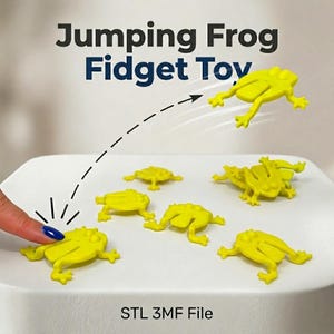以下が含まれることがあります： 鮮やかな黄色のカエルの形をしたフィジェットトイのコレクション。1匹のカエルが点線の軌道線とともに空中に描かれ、他のカエルは表面に置かれています。テキストには「Jumping Frog Fidget Toy」および「STL 3MF File」と書かれています。