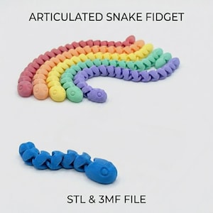 Op de afbeelding: Gearticuleerd slang fidget speelgoed in een regenboogverloop van roze, oranje, geel, groen, paars en blauw. De tekst ARTICULATED SNAKE FIDGET staat bovenaan en STL & 3MF FILE staat onderaan deze digitale productweergave afgedrukt.