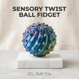 Puede incluir: Un juguete sensorial de bola giratoria con un acabado metálico iridiscente en tonos azules, verdes y morados. La bola se muestra sobre un bloque de mármol blanco. El texto de la imagen dice "SENSORY TWIST BALL FIDGET" y "STL 3MF File."
