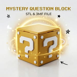 May include: A gold-colored cube with white question marks on the sides and white circular accents at the corners. The text MYSTERY QUESTION BLOCK STL & 3MF FILE appears above the cube, surrounded by glowing light effects and hand-drawn stars.