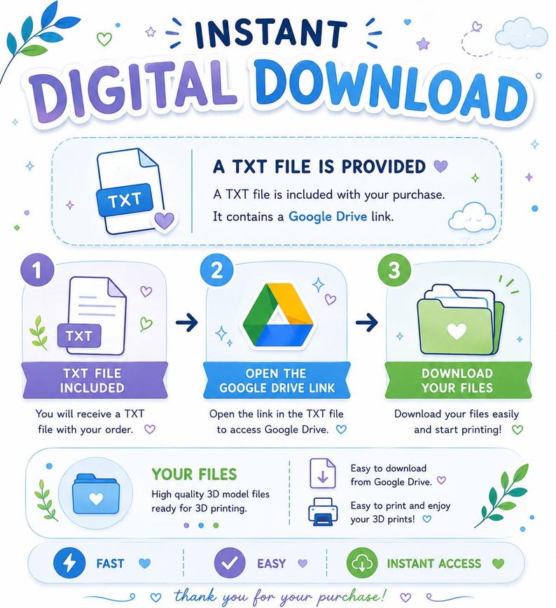 May include: An instructional graphic for an instant digital download. It outlines a three-step process: receiving a TXT file, opening a Google Drive link, and downloading files. It features icons of a document, the Google Drive logo, and a folder.