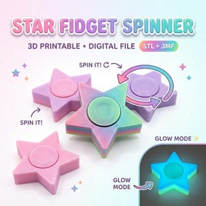 Op de afbeelding: Stervormige fidget spinner 3D-printbare digitale bestanden in STL- en 3MF-formaat. De afbeelding toont meerdere stervormige spinners in pastelroze, paarse en regenboogkleuren, voorzien van draai-pijlen en een weergave van de lichtgevende modus.