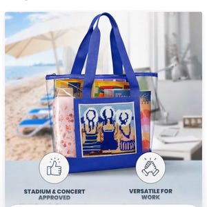 Borsa tote in plastica trasparente con inserto tascabile intercambiabile ricamato a punto croce.