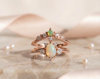 Rose Gold Opal Stacking Ring Set | Sterling Silver Pear Cut Cubic Zirconia (October Birthstone)