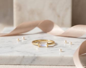 Baguette Cut Moonstone Ring in Yellow Gold Plated Sterling Silver
