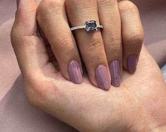 Lab Created Alexandrite Ring | Cushion Cut Color Changing Gemstone, Sterling Silver, June Birthstone