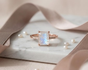 Rectangular Cut Moonstone Ring | Rose Gold Sterling Silver, June Birthstone Gift