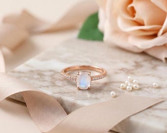 Rose Gold Oval Rainbow Moonstone Ring | Sterling Silver Zircon Band, June Birthstone