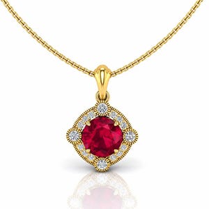 May include: A gold necklace featuring a square-shaped pendant with a round, deep red gemstone at the center. The pendant is surrounded by a halo of small, clear, round-cut diamonds set in gold, suspended from a delicate gold chain.