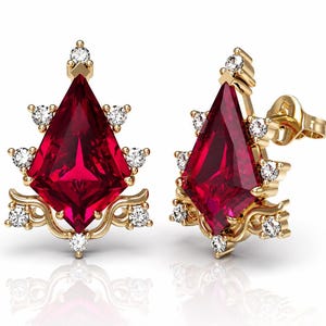 Lab Created Ruby Kite Cut Stud Earrings, Zircon Accents, 925 Sterling Silver
