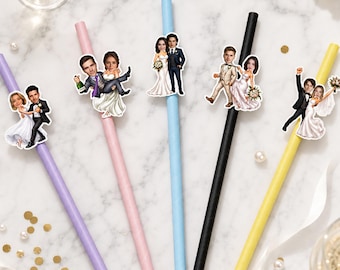 Custom Cartoon Couple Paper Straws, Personalized Wedding Drink Toppers, Bachelorette Party Supplies