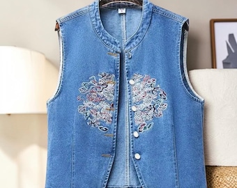 Chaleco vaquero bordado con dragón – Chaleco vaquero sin mangas de estilo bohemio, moda Y2K