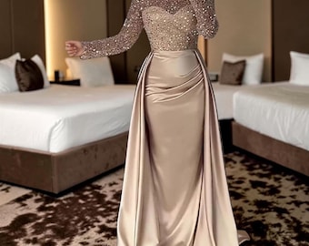 Champagne Satin Sequin Long Sleeve Mermaid Prom Dress, Elegant Evening Wear