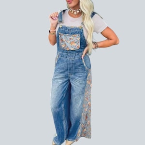 Floral Patchwork Denim Overalls, Wide Leg Boho Jumpsuit, Retro Festival Outfit