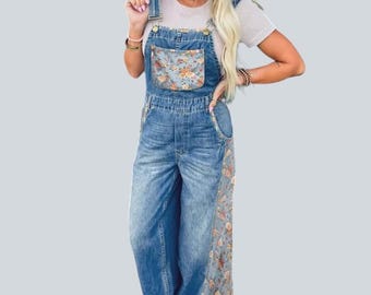 Peto vaquero con estampado floral, mono bohemio de pierna ancha, conjunto retro para festivales.