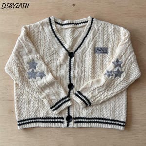 Vintage Folklore Cardigan Sweater, Cream Knit Button Up Cardigan, Cottagecore Aesthetic, Star Patch Cardigan, Preppy Knit Sweater