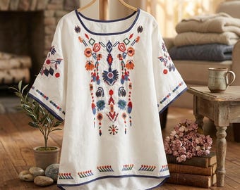 Blusa de algodón bordada: Top veraniego floral estilo boho para mujer
