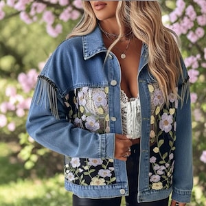 Boho Floral Embroidered Denim Jacket with Fringe Detail – Women’s Western Style Statement Jacket