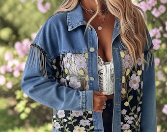 Chaqueta vaquera bohemia con bordado floral y detalle de flecos – Chaqueta de mujer de estilo western que marca tendencia.