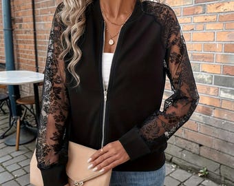 Chaqueta bomber negra con mangas de encaje – Chaqueta con cremallera de malla floral transparente – Prenda de abrigo elegante y ligera para mujer