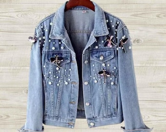 Chaqueta vaquera bordada con cuentas: mariposas, detalles de perlas, estilo coreano.