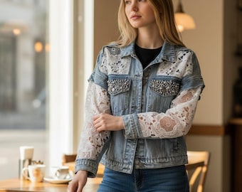 Chaqueta vaquera adornada con perlas y mangas de encaje, abrigo vaquero de estilo bohemio chic.