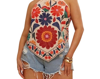 Top halter floral, blusa bohemia de verano, camisa colorida para vacaciones, atuendo para festivales.