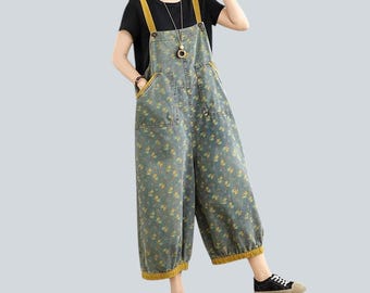 Mono vaquero floral para mujer, mono holgado con bolsillos, mono informal estilo boho vintage.