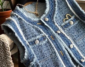 Chaleco vaquero de tweed - Estilo bohemio chic - Top vaquero sin mangas con botones en la parte delantera