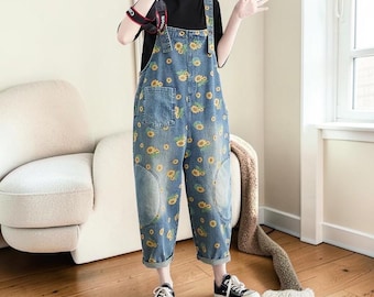 Sunflower Print Denim Overalls, Boho Floral Loose Fit Dungarees