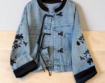 Chaqueta vaquera bordada – Abrigo vaquero floral para mujer – Prenda de abrigo informal de estilo bohemio
