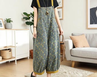 Mono de algodón con estampado floral bohemio, peto holgado de pierna ancha para mujer, conjunto de estilo vintage.