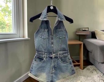Denim rompertje in vintagestijl, Y2K-jeansbody met rits, festivaloutfit
